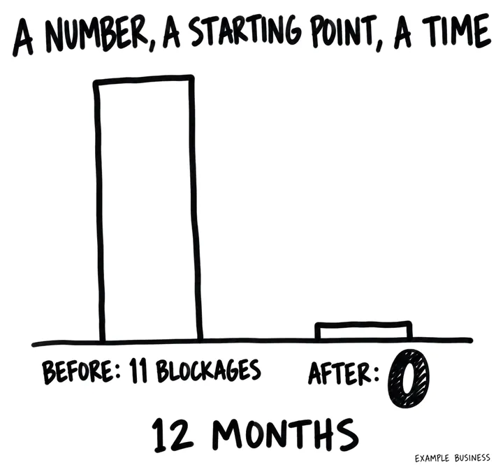 A bar chart showing 11 blockages before and 0 after, each over 12 months.