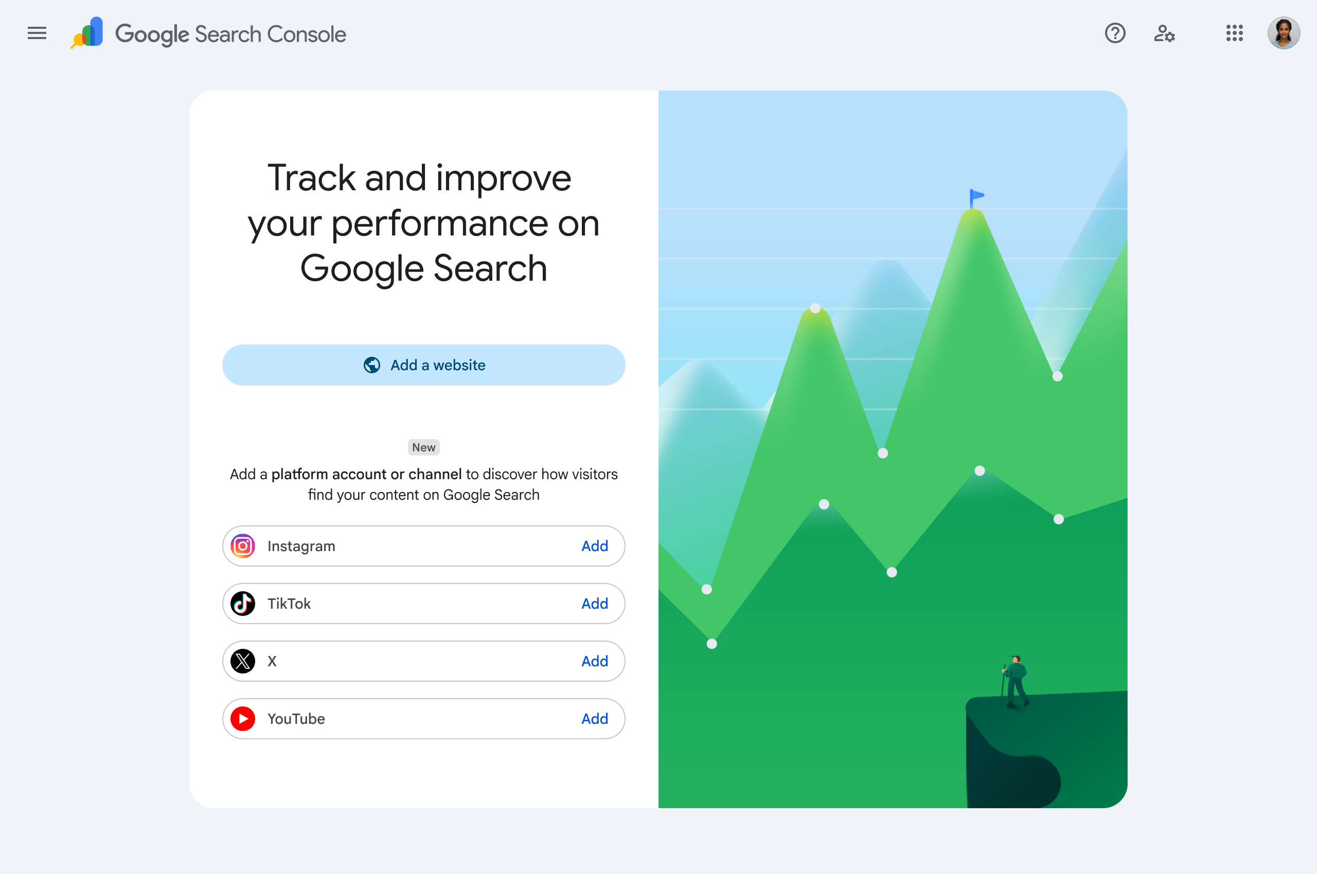 Search Console welcome screen showing the new platform account options: Instagram, TikTok, X and YouTube, each with an Add button